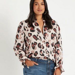 Eloquii Printed Button Down Shirt with Ruffle Neck size 20W